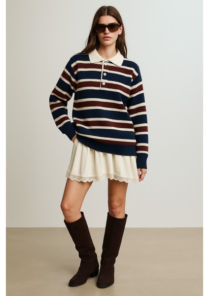 Polo Yaka Çizgili Oversize Triko Kazak modelleri