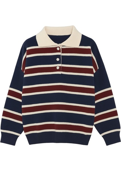 Polo Yaka Çizgili Oversize Triko Kazak fırsatları