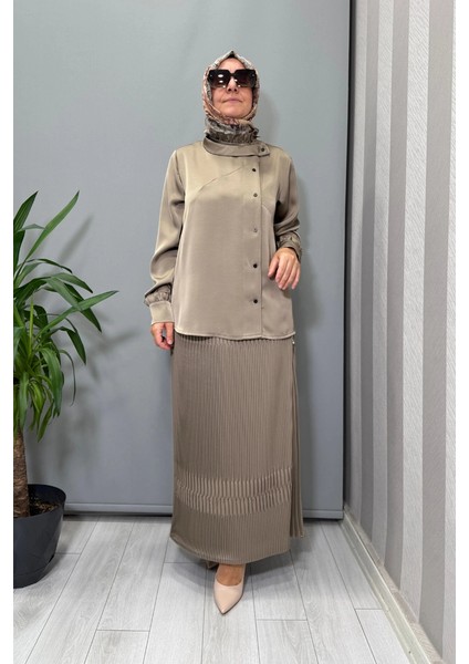 Saten Pliseli Etek Takım Vizon 38015