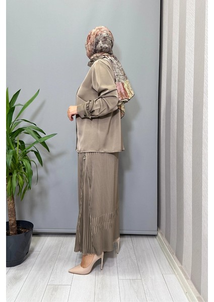 Saten Pliseli Etek Takım Vizon 38015 fiyatları