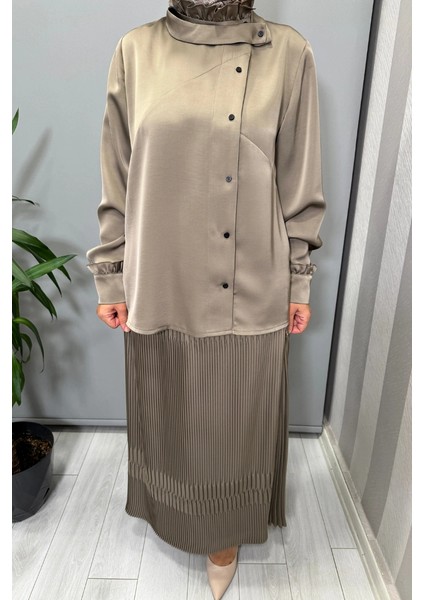 Saten Pliseli Etek Takım Vizon 38015 modelleri