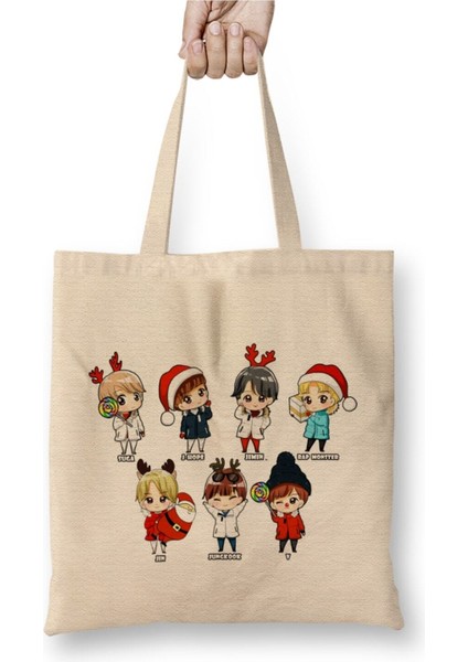 Kpop Bts Chibi Christmas Beyaz Bez Çanta Uzun Saplı Alışveriş Çantası Plaj Çantası