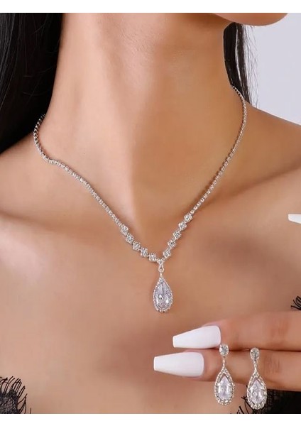 Gümüş Kaplama Zirkon Taşlı Kolye ve Küpe Düğün Seti
