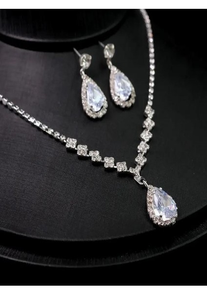 Gümüş Kaplama Zirkon Taşlı Kolye ve Küpe Düğün Seti fiyatları