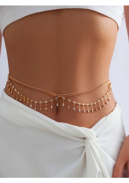 Taşlı Altın Rengi Bel Zinciri
