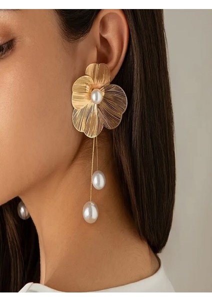 İncili Sallantılı Metal Çiçek Küpe-18K Altın Kaplama fiyatları