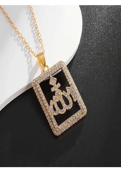 Taşlı Allah Yazılı Kolye-18K Altın Kaplama
