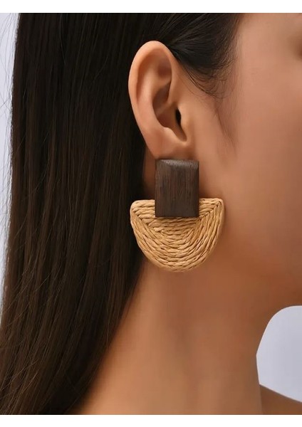 Vintage Ahşap ve Dokuma Rattan Çivili Küpeler