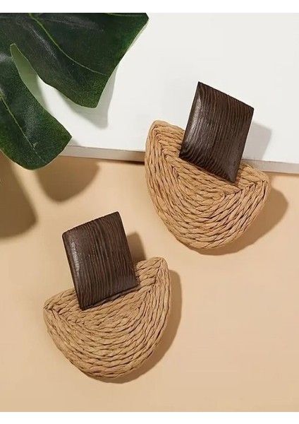 Vintage Ahşap ve Dokuma Rattan Çivili Küpeler modelleri