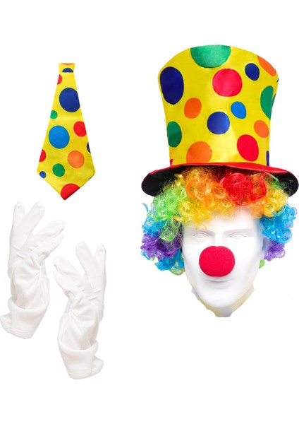 Renkli Palyaço Kostüm Seti – 5 Parça Aksesuar (Şapka, Peruk, Kravat, Eldiven, Burun) (5067) modelleri