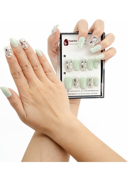 10'lu Yeşil Orta Kare TT1047 Tekrar Kullanılabilir El Yapımı Protez Takma Tırnak - Yeşil-M