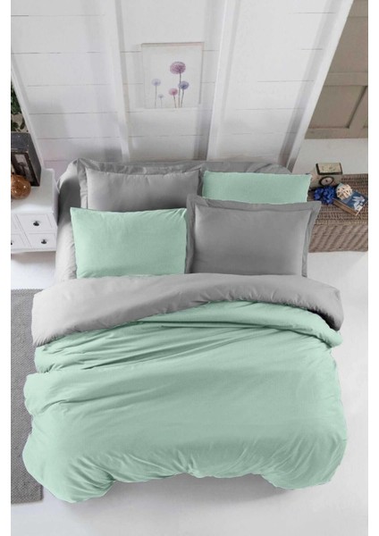 Çift Kişilik Lastikli Çarşaflı Nevresim Takımı Pamuklu Four Season Mint Gri