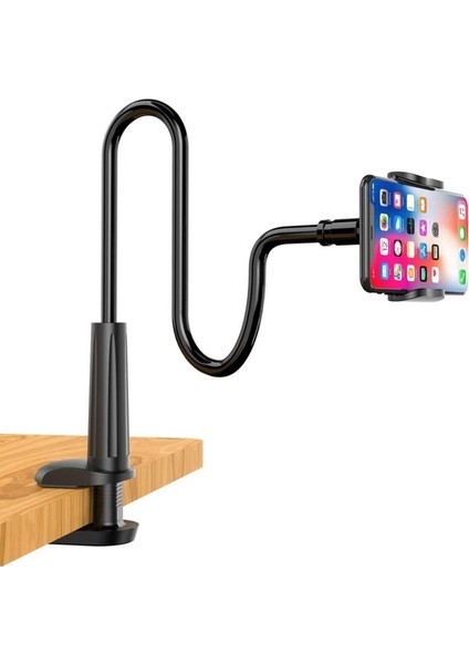 Masaüstü Akrobat Telefon ve Tablet Tutucu Stand 360 Derece Oynar Başlıklı Siyah Siyah Metal Tr