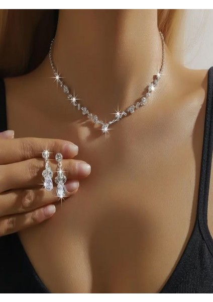 Gümüş Kaplama Zirkon Taşlı Şık Düğün Takı Seti