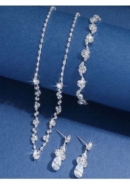 Gümüş Kaplama Zirkon Taşlı Şık Düğün Takı Seti fırsatları