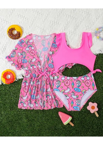 Pembe Unicorn Mayo Bikini Pareo 2 Li Çocuk Bikini Mayo Takımı Deniz Plaj Giyim