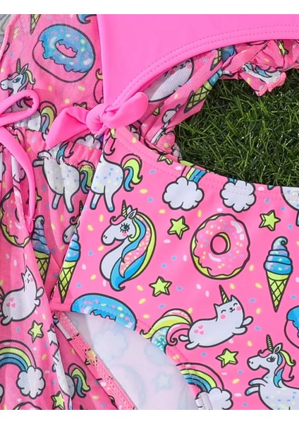 Pembe Unicorn Mayo Bikini Pareo 2 Li Çocuk Bikini Mayo Takımı Deniz Plaj Giyim fırsatları