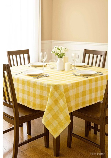 Fiber Kareli Masa Örtüsü Sofra Bezi Ekose Desen 160X160 cm Sarı