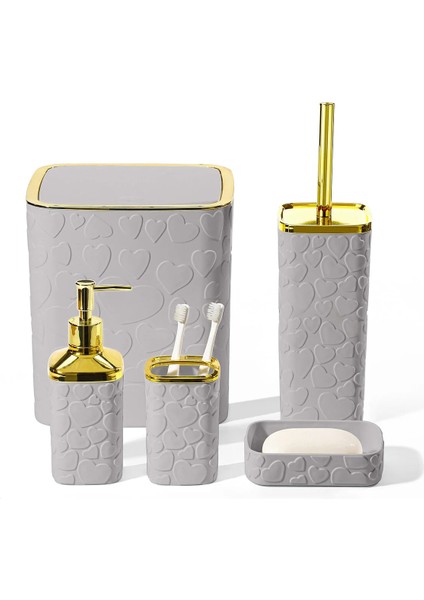 5 Parça Banyo Seti, Kalp Desenli, Gri Gold, Kare, Click Kapaklı, Hacim: 8 Litre