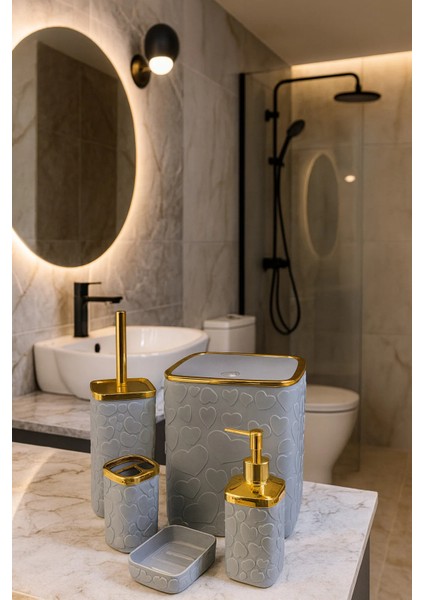 5 Parça Banyo Seti, Kalp Desenli, Gri Gold, Kare, Click Kapaklı, Hacim: 8 Litre fiyatları