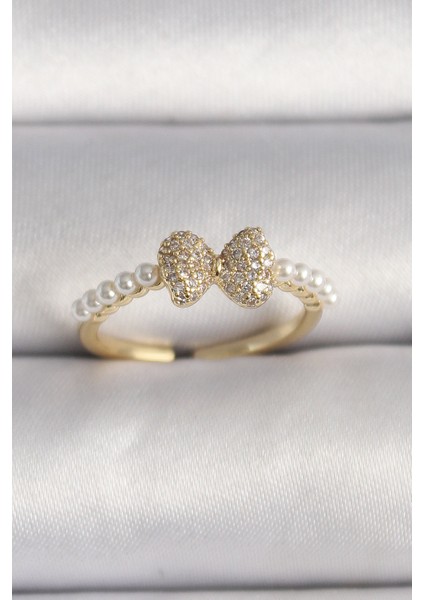 bulurum pirinç gold renk zirkon taşlı fiyonk ınci detay ayarlanabilir yüzük