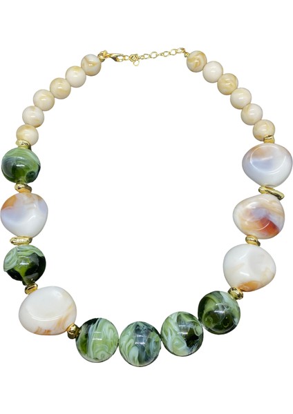 Krem -Yeşil Renk; Uzatma Ile 50 cm Kolye Uznluğu; Şık Tasarım,bohem Tarz Ötesi Akrilik Esaslı Kolye (KOD2874)