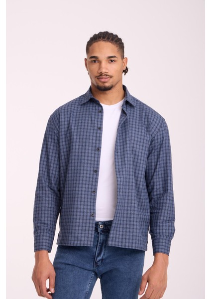 Alfonso Ekose Büyük Kareli Relaxed Fit %100 Pamuklu Flanel Kumaş Erkek Gömlek - Mavi indirimleri