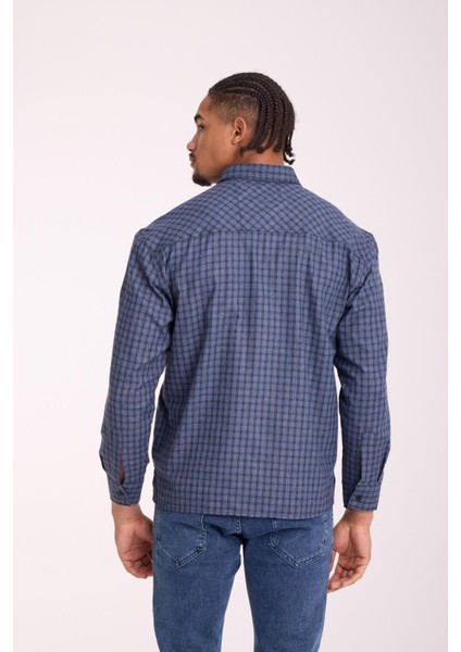 Alfonso Ekose Büyük Kareli Relaxed Fit %100 Pamuklu Flanel Kumaş Erkek Gömlek - Mavi