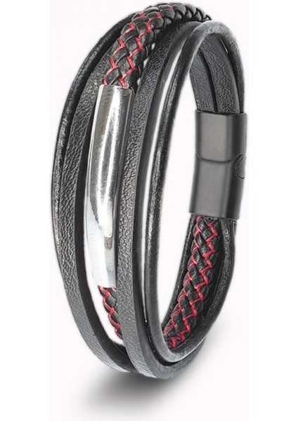 Kırmızı Siyah Çoklu Deri ve Isim Yazılabilir Çelik Plakalı Bileklik 9594B11D3