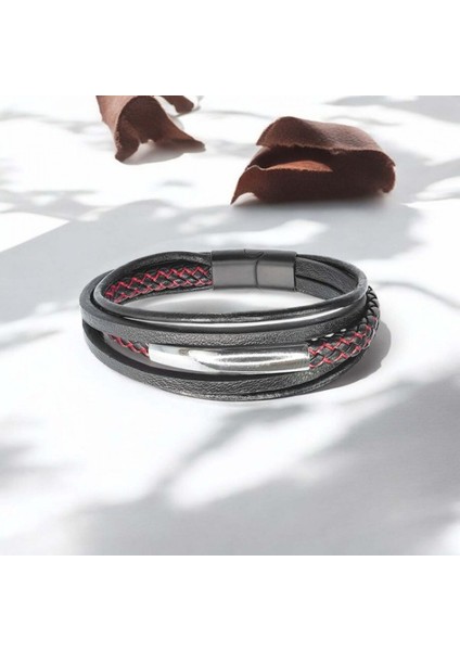 Kırmızı Siyah Çoklu Deri ve Isim Yazılabilir Çelik Plakalı Bileklik 9594B11D3 modelleri