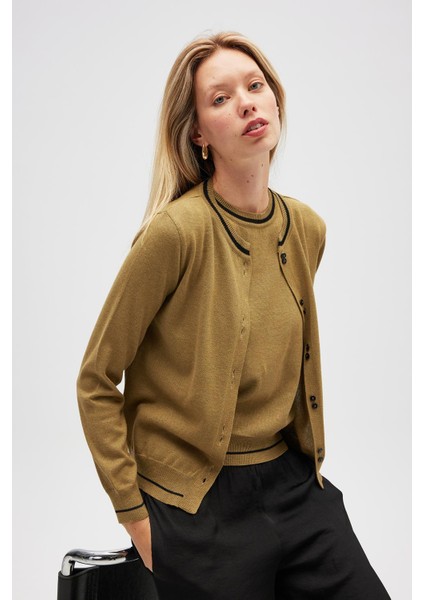 Risa Düz Örgü, Kadın Triko Hırka - Zeytin Yeşili