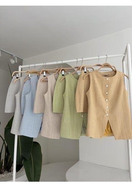 Uzun Yelek Mini Etek Flamlı Keten Takım 10148