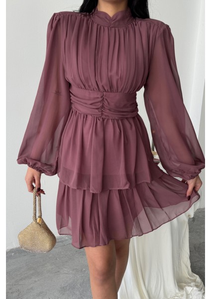 Şifon Katlı Uzun Kol Elbise - Pudra modelleri