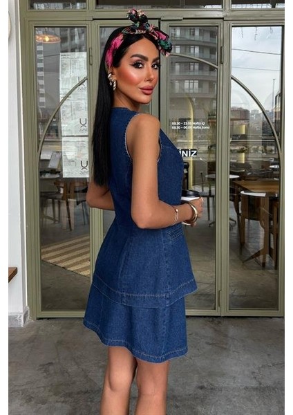 Kolsuz Yelekli Mini Etekli Denim Takım 10164 modelleri