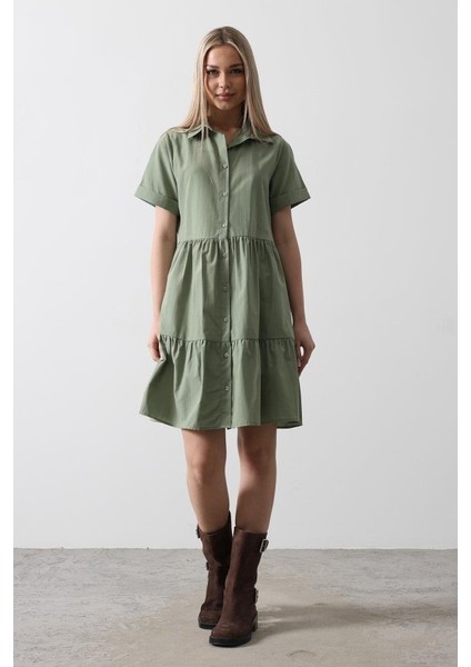 Kısa Kol Düğmeli Elbise - Haki fiyatları
