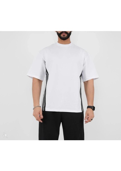 Unisex Oversize Yanları Şeritli T-Shirt - Beyaz fiyatları