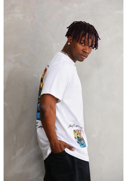 Unisex Bisiklet Yaka Baskılı Oversize T-Shirt - Beyaz modelleri