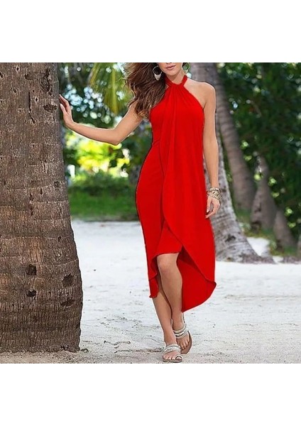 Boyun Askılı Eteği Kruvaze Kesim Viskon Kumaş Elbise