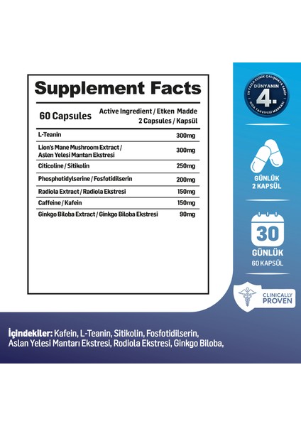 Mind Focus Aslan Yelesi Mantarı, Sitikolin, Rhodiola, L-Theanin .. (1440MG) | Akıllı Gıda Takviyesi modelleri