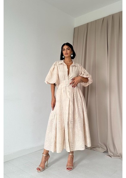 Bej Pileli Balkon Elbise fiyatları