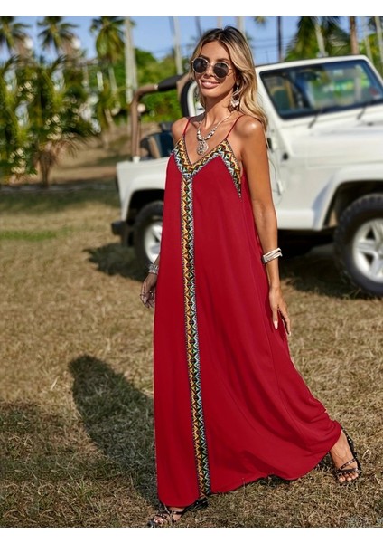 Kadın Askılı V Yakalı Etnik Şerit Detaylı Uzun Viskon Elbise