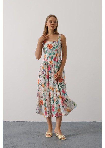 Çiçek Desenli Askılı Elbise - Pembe Çiçek modelleri