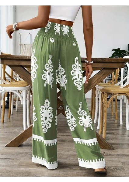 Kadın Yüksek Bel Büzgülü Etnik Desen Baskılı Süprem Pantolon modelleri