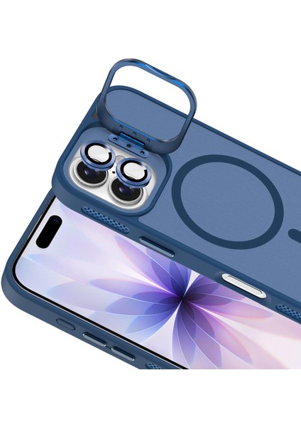 Apple iPhone 17 Lens Hediyeli Kapak Kamera Korumalı Wireless Şarj Özellikli Standlı Premium Kılıf - Lacivert modelleri