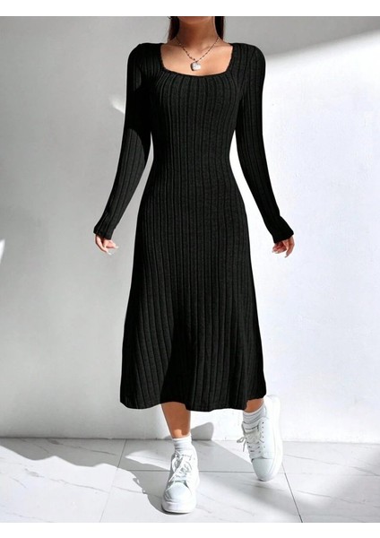 Kadın Uzun Kollu Kare Yaka Midi Kaşkorse Elbise fırsatları