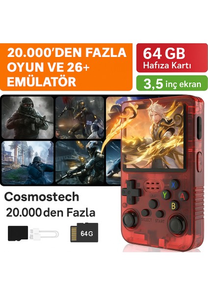 R36S Retro El Konsolu – 3.5” 4K IPS Ekran, 20.000+ Oyun, 23 Emülatör, 64GB Hafıza Kartı, HDMI & Wi-Fi Destekli- Kırmızı