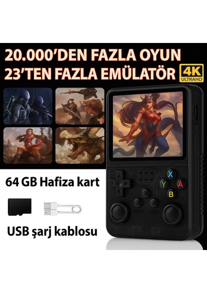 R36S Retro El Konsolu – 3.5” 4K IPS Ekran, 20.000+ Oyun, 23 Emülatör, 64GB Hafıza Kartı, HDMI & Wi-Fi Destekli- Siyah