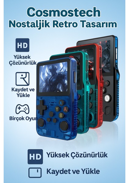 R36S Retro El Konsolu – 3.5” 4K IPS Ekran, 20.000+ Oyun, 23 Emülatör, 64GB Hafıza Kartı, HDMI & Wi-Fi Destekli- Siyah