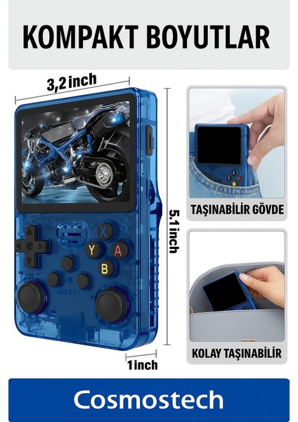 R36S Retro El Konsolu – 3.5” 4K IPS Ekran, 20.000+ Oyun, 23 Emülatör, 64GB Hafıza Kartı, HDMI & Wi-Fi Destekli- Siyah