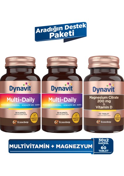 MultiDaily 30 Kapsül x2 + Magnesium Citrate 200 mg, Vitamin D 60 Tablet - Aradığın Destek Paketi